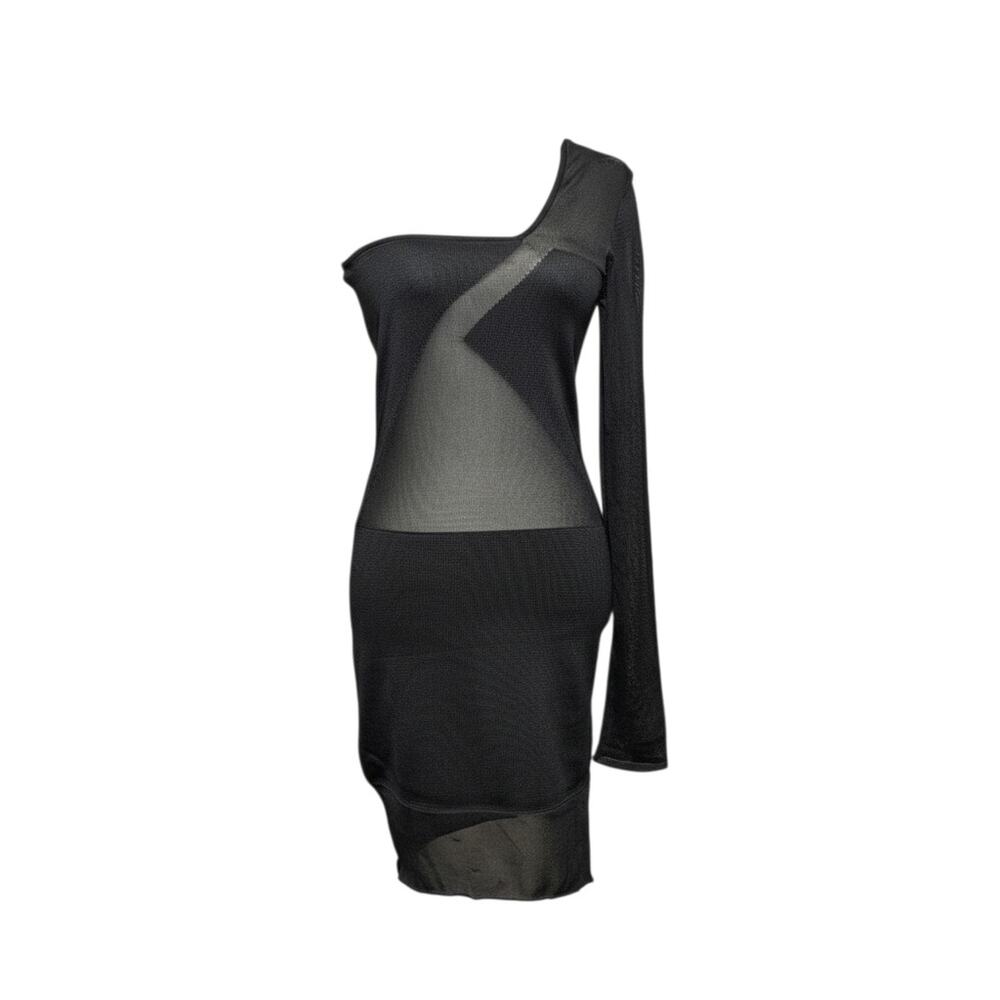 Sheer Black One Shoulder Mesh Bodycon Mini Dress Sculpted Club Baddie Edgy M EUC - Picture 10 of 10